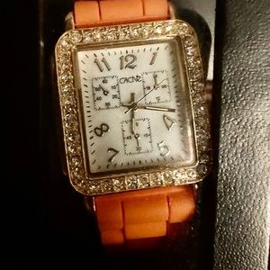 Cache recatangular wristwatch with crystals, tangerine strap